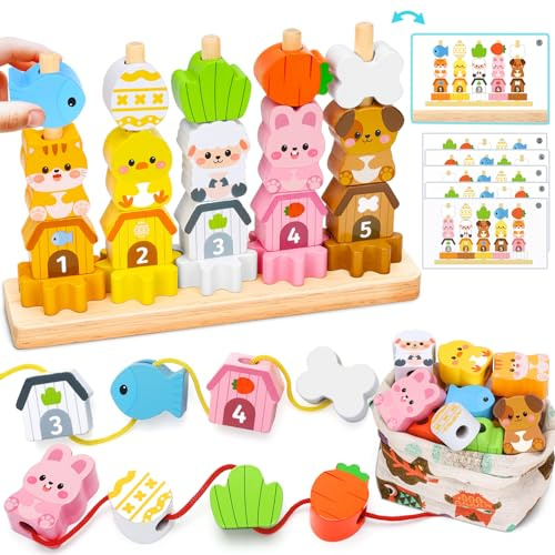 Montessori Spielzeug ab 2 3 4 Jahre: Geschenk Mädchen 2-5 Jahre Junge Holzspielzeug Fädelspiel Bausteinen Motorikspielzeug für Kinderspielzeug ab 2-3 Jahre Stapelspiel Lernspiele für Kleinkinder