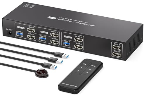 HDMI KVM Switch 3 Computers 2 Monitors 4K60Hz EDID for 3 PC Sharing Dual Monitor and 4 USB 3.0 port with Remote Control