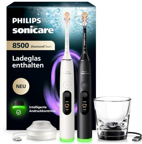 Philips Sonicare Next-Generation DiamondClean 8500 elektrische Zahnbürste - mit intelligenter Andruckkontrolle und 18 Einstellungen, Pulverweiß & Schwarz, 2er-Pack, HX8596/21