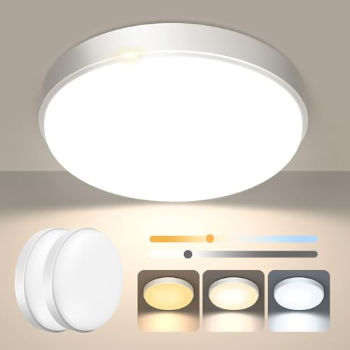 OOWOLF 24W Led Ceiling Light 3 Color Temperature Adjustable for Bathroom | Metal Base,Waterproof IP44, 2400LM,3000K/4000K/5000K,Dimmable,CRI>85