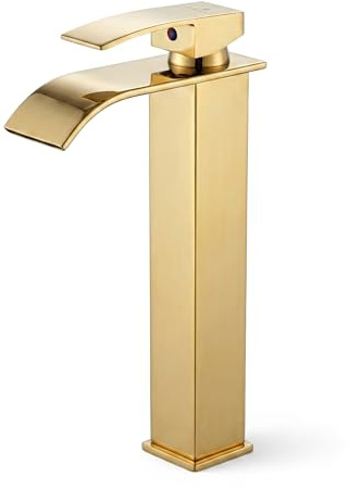 AKORD Miscelatore Alto per Lavabo da Appoggio EVIO a Cascata, Rubinetto Bagno Moderno in Acciaio con Cartuccia Ceramica, 30 cm, Oro Lucido