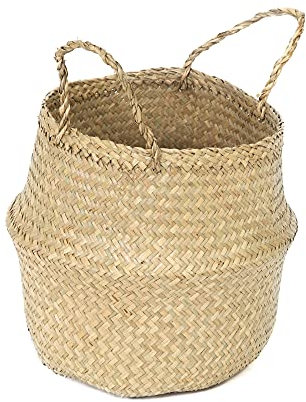 Compactor Belly Korb M – Handgefertigter Seegras-Korb für Decken, Spielzeuge & Pflanzenübertopf, Natur/Weiß, 27x27x26 cm