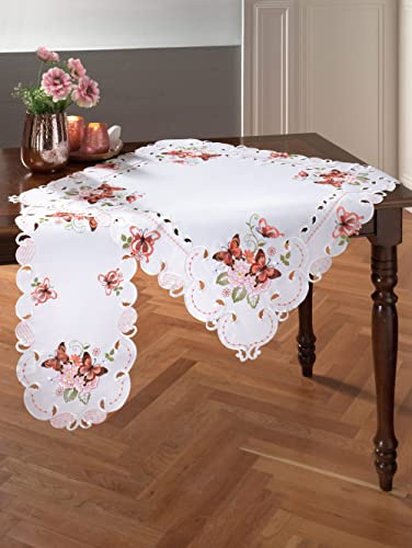 Raebel OHG Tischdecke 40x140 cm Oval Sekt Schmetterlinge Rot Bunt Gestickt Tischläufer Aufleger Frühling Sommer (40 x 140 cm)