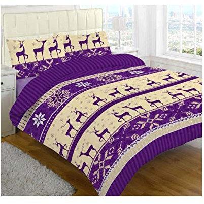 DIGITAL SPOT Luxus-Thermo-Biber-Bettwäsche-Set, Rentier-Motiv, gebürstete Baumwolle, Sheet Set Plum King, King Size