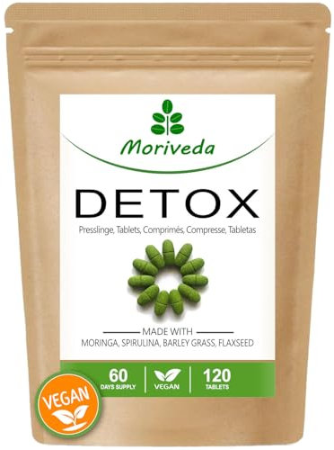 Moringa Detox compresse 1800mg - disintossicare purificare - supercibi digestivi - fornitura per 2 mesi - con moringa, semi di lino, erba d'orzo e spirulina - vegano - 120 compresse da MoriVeda