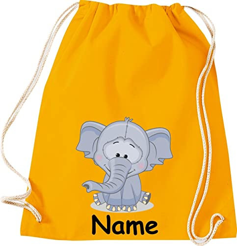 Shirtinstyle Gym Sack Kinder Turnbeutel Tiere Elefant mit Wunschnamen, Beutel Tasche Hort Kita, Farbe Mustard