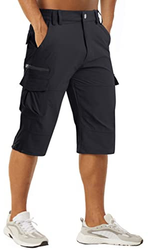 MAGCOMSEN Herren 3/4 Outdoor Hose Leicht Sommer Bermuda Schnell Trockend Cargo Short Herren Stretch Multi Taschen Radhose Wandern Dreiviertel Hosen Schwarz 32