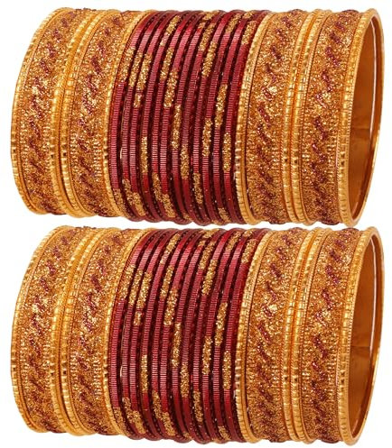 Touchstone NEU Bollywood-Glamour-Mode-Armreif für das Handgelenk, goldene Glitzer, strukturierte kastanienbraune Farbe, Designer-Schmuckarmbänder, Armreif Chura 48er-Set in Goldton für Damen