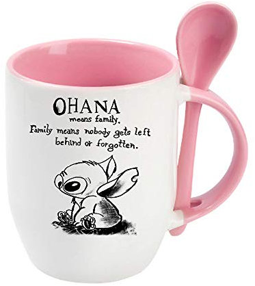 Means Family Stitch Coffee Tea Cocoa Soup Daily use Mug Birthday Gift Party gage Keepsake C Handle Unique Ceramic Cup Mug. (Pink Spoon)