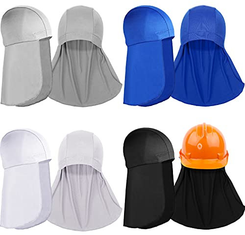 4 Pack Hard Hat Liner with Sun Shade Skull Cap Liner Sweat Wicking Cap with Tail (White, Dark Grey, Royal Blue, Black)