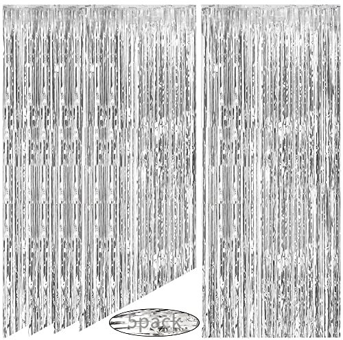 AIBAOBAO 5 Stück Lametta Vorhang Silber, Glitzervorhang Lametta, Glitzer Party Vorhang, Silber Metallic Regen Vorhang, für Geburtstag Weihnachten Party Hochzeit Festivals Silvester Deko (1m x 2m)