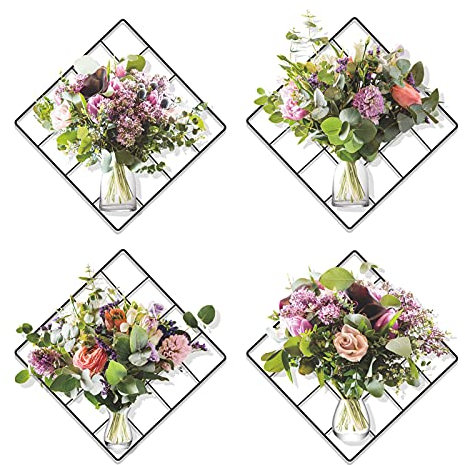 Magic 3D lebendige grüne Pflanzen Blumenstrauß Vasen Gitter Wanddekor Aufkleber, Vinyl abnehmbare Blume in Glasflasche Wandaufkleber für Schlafzimmer Wohnzimmer Büro Küche, 4er Set (22x22cm)