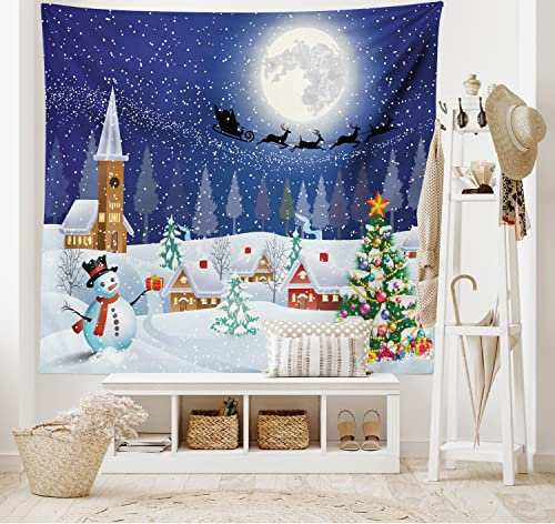 ABAKUHAUS Weihnachten Wandteppich und Tagesdecke, Winterlandschaft aus Weiches Mikrofaser Stoff Waschbar ohne Verblassen Digitaldruck, 230 x 140 cm, Weiß Blau