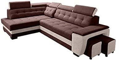 Robin Grand Ecksofa mit Schlaffunktion Bettkasten Kopfstützen Relaxfunktion 2 Hocker Sofa L-Form Schlafsofa Freistehende Eckcouch Schlafcouch Wohnzimmermöbel Wohnlandschaft Links Braun Creme