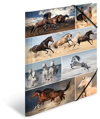 HERMA Sammelmappen A3 Pferde Set, 3 Stück, Kinder Eckspanner-Mappen aus Pappe mit Tier Motiv, Gummizug, Innenklappen und Innendruck für Jungen und Mädchen