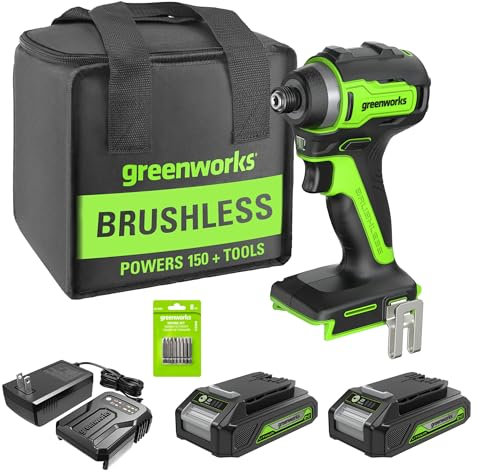 Greenworks 24V Brushless Cordless Impact Driver Kit, 1950 in./lbs Torque, 1/4'' Hex Collet, Variable Speed, 2×2Ah Batteries with 2A Charger, LED Light, 8pcs Drill/Driver Bits with Tool Bag