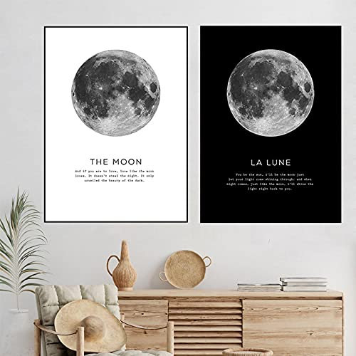 La Lune Moon Schwarz Weiß Zitat Wanddekor Leinwand Malerei Liebe Kunst Poster Bild Moderne Wand Poster Für Wohnzimmer 60x80cm(24x32in)x2 Rahmenlos