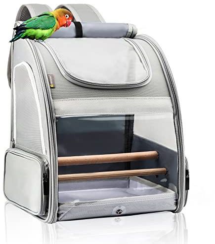Texsens Bird Carrier Backpack - Pet Travel Cage with Upgraded Tray and Standing Perches, Breathable & Portable, for Small Birds, Green Cheek, Cockatiel, Parrot (Grey)