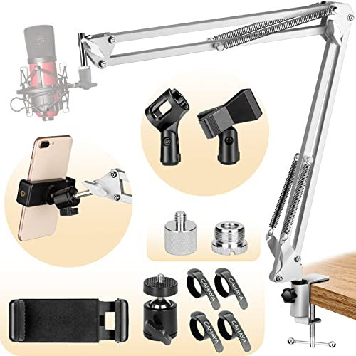 CAHAYA Soporte de Micrófono para Mesa Brazo de Micrófono Sobremesa con 2 Clip de Micrófono Compatibles con Micrófonos o Teléfonos para Registro Estudio Color Blanco Modelo CY0262-2