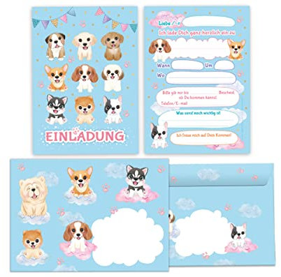 Junapack 12 Einladungskarten incl. 12 Umschläge zum Kindergeburtstag Mädchen Hunde