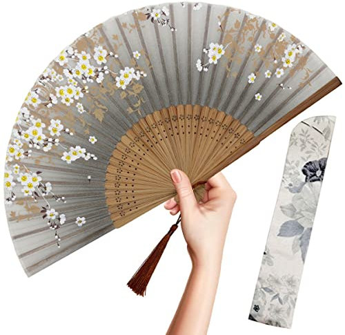 OMyTea Folding Hand Fan for Women - Foldable Chinese Japanese Vintage Bamboo Silk Fan - for Hot Flash, Church, EDM, Music Festival, Party, Dance, Performance, Decoration, Gift (Gray Sakura)