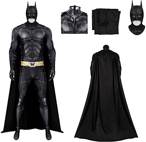 SINSEN Bat Superhero Costume for Adult Men, Knight Cosplay Jumpsuit Cloak Outfit Mask for Halloween Party Dark (3X-Large, Bat Costume + Mask)