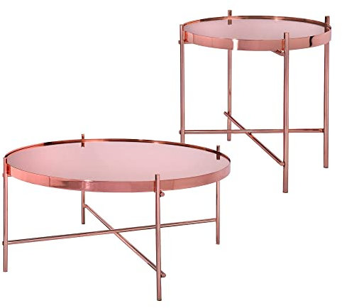 WOMO-DESIGN Table Basse Set 2 Pièces Ø43x45 + Ø75x35 cm Ronde, Cuivre, en Métal/Verre, Pièces Uniques, Modernes, Tables avec Plateau en Verre/Structure Métallique, Tables Gigognes d'Appoint de Salon