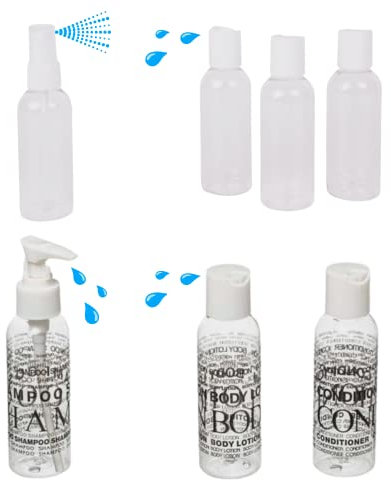 Set Trousse de Toilette. Kit Voyage, Valise Cabine Avion, Contenant Transparent Vide, Plastique Souple, Organisateur cosmétique, Piscine, Camping (Flacon 100 ML et 80 ML)
