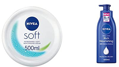 NIVEA Soft Moisturising Cream (500ml), A Moisturising Cream for Face, Body and Hands with Vitamin E and Jojoba Oil & Rich Nourishing Body Lotion (400ml)