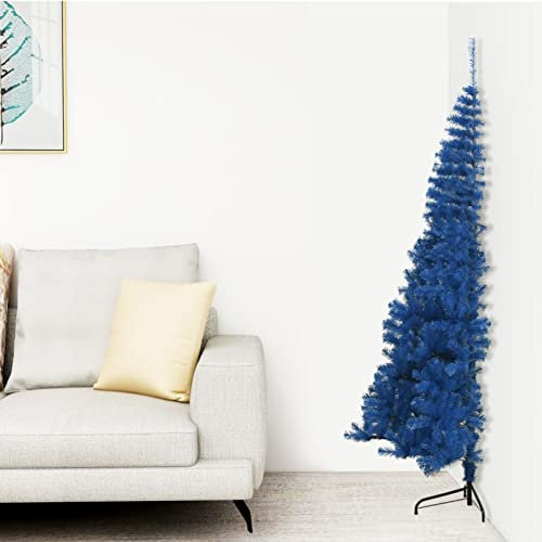 Tidyard Albero di Natale Artificiale a metà con Supporto,Albero di Natale Artificiale ad Angolo con Supporto,Mezzo Albero di Natale da Parete,metà di Un Albero Normale,Mezzo Tondo, Blu 210 cm PVC