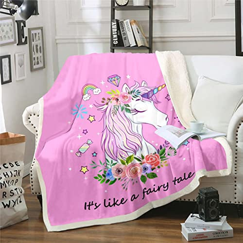 Einhorn Decke 75x100 Girly Nette Verträumte Pferde Fleece Decke Karikatur Magische Tier Decke Werfen Regenbogen Stern Diamant Blumen Sherpa Decke Prinzessin Einhorn Rosa Geburtstag Dekor für Mädchen