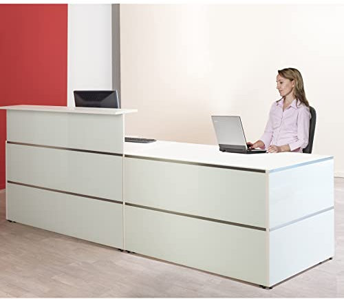 Schrank & Stuhl | Empfangstresen | Empfangstheke Satinglas 7 - Beratungstheke für den Empfangsbereich | 108 x 275 x 92 cm (HxBxT)