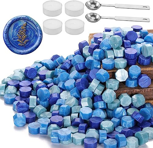 Yoption 300 Stück blaue Mischung Siegelwachsperlen Vintage Achteckperlen mit 4 Kerzen und 2 Schmelzlöffeln für Siegelstempel (blaue Mischung)