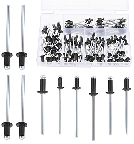Gueenky 120 Pezzi Rivetti Neri Alluminio, 2,4/3/3,2/4 mm Rivetti pop Rivetti Ciechi, 6 Dimensioni Set di Rivetti a Strappo Neri per Metallo Legno Plastica, con Scatola di Immagazzinaggio