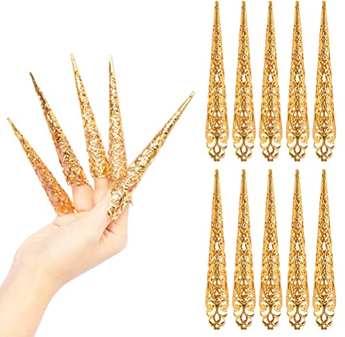 10er-Pack Fingernagelspitzen-Klauenringe, Alte Königin Kostüm Fingerspitzen-Klauennagelringe Dekorationszubehör für Cosplay Drama Dance Show (yellow)