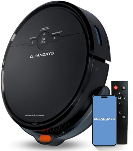 CleanDays D2-001 - Staubsauger Roboter - Robot Vacuum Cleaner with Mop - mit Wischfunktion - mit Ladestation - Robotic Saugroboter - 3 in 1 - Schwarz
