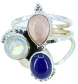 Navya Craft Dreifach-Edelstein aus 925er Sterlingsilber (Lapislazuli, Regenbogenmondstein, Rosenquarz) Statement-Damenring 14 bis 22 DE