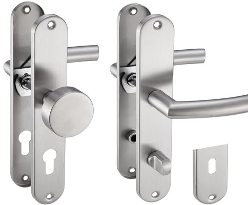 Stahlia Drückergarnitur Langschild Renovierungsgarnitur Edelstahl gebürstet LIA | PZ - Profizylinder mit Knauf | Türbeschlag für Zimmertüren, Eingangstüren für Türstärke 20–47mm|Befestigungsmaterial
