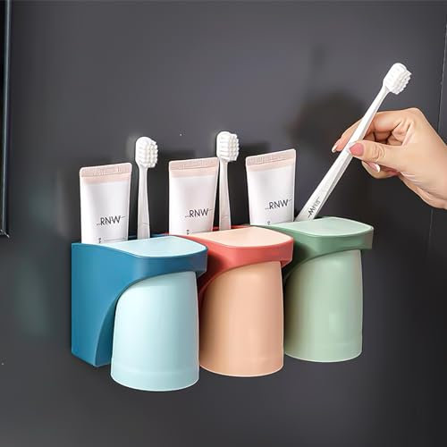 Nizirioo Lot de 3 porte-brosses à dents muraux : porte-gobelets sans perçage, porte-brosse à dents avec gobelet magnétique, pour salle de bain (rouge + vert + bleu)