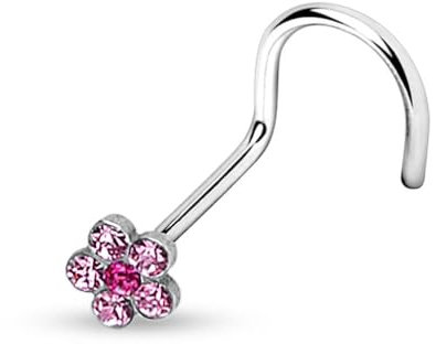 viva-adorno Nasenpiercing gebogen 0,8mm Nasenstecker Zirkonia Kristall Blume Blüte Nasenring Z328, pink/rosa