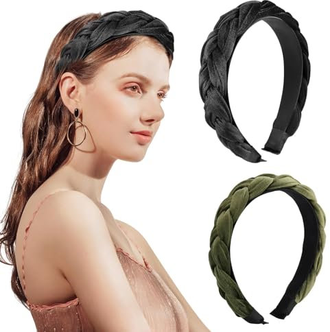 Huiguli Haarreif Samt, 2 Stück Haarreifen Damen, Geflochtener Haarreif aus Samt, Breite Stirnbänder, Rutschfest Kopfband für Mädchen,Damen,Frauen (Schwarz + Grün)