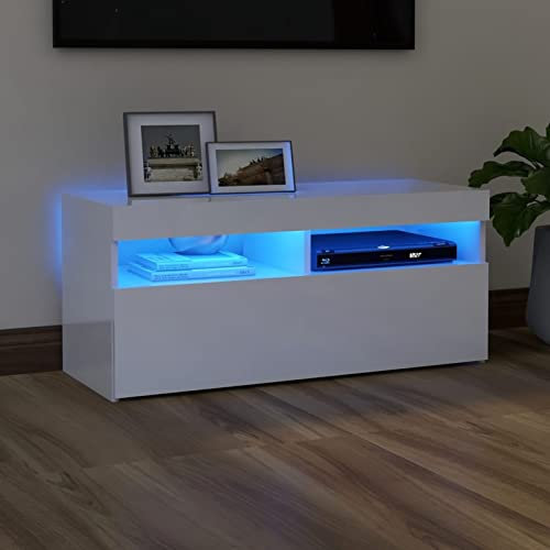 ARKEM TV-Schrank mit Leuchten Hochglanz-Weiß 90x35x40 cm Tv Lowboard Fernsehschrank Hoch