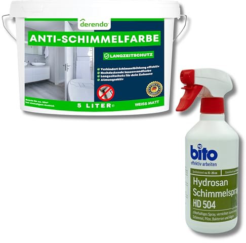 derendo Anti Schimmelfarbe 2.0 für feuchte Räume Badezimmer Schlafzimmer Wandfarbe innen weiß sehr hohe Deckkraft Schimmelbeseitigung Schimmelentferner Langzeitschutz (5 Liter + Schimmelentferner)