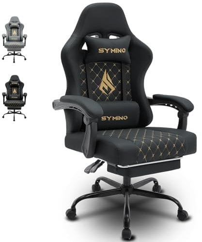 Symino Gaming Chair with Footrest, Ergonomic Computer Chair with Lumbar Support, Head Rest, PC Chair for Adults, PU Leather Game Chairs, Adjustable Swivel Task Chairs, Black