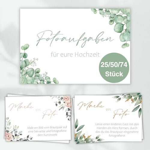 74 Fotoaufgaben Hochzeit, Fotospiel auch ohne Fotobox möglich, verschiedene Farben, für Gäste und Brautpaar