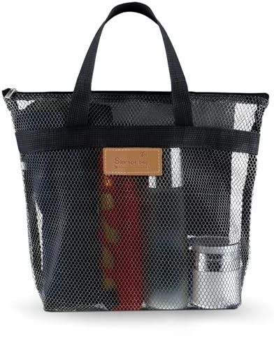Molain Tragbare Duschtasche, Mesh Tragetasche mit Reißverschluss, Multifunktionale Strandtasche Schnelltrocknende Faltbare Tasche Duschtasche für Fitnessstudio Duschraum Strand(schwarz)