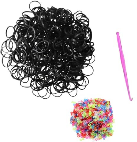 Tuilful 600+ Black Loom Bands Refill Pack with Hook Tool and Colorful S Clips Art Craft Refills for DIY Bracelet Making Refill Kit (600+)