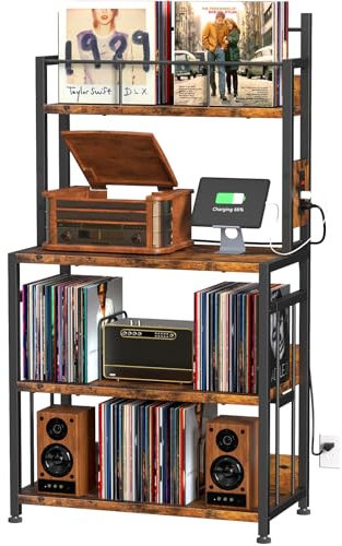 EasyCom Record Player Stand with Vinyl Storage, Turntable Stand Holds Up to 300 Albums, Large Record Player Table with Charge Station, Vinyl Record Stand for Living Room