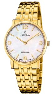 Festina Swiss Made Damen Armbanduhr Edelstahl 316L Gold - Quarzwerk - Saphirglas hoher Widerstand - Wasserdicht 5 ATM F20048/2 Classic Steel