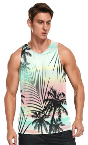 Mens Tank Tops Summer Sleeveless Tops Tropical Summer Palm Tree Sports Vest Quick Dry Training Gym Training Tops T-Shirt Palm Leaves Multi